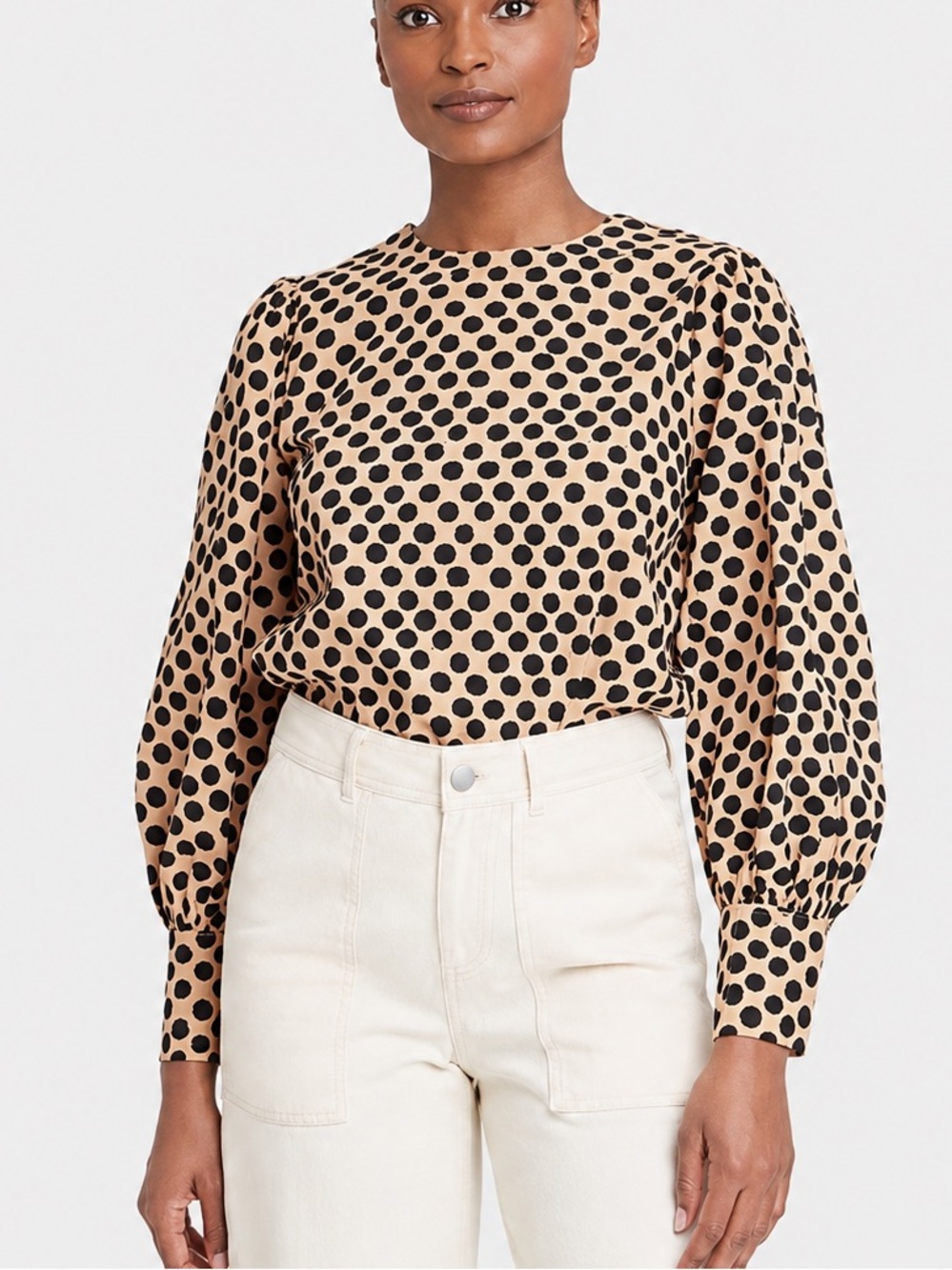 Who What Wear Tan Black Polka Dot Balloon Long Sleeve Button Back Cotton Shirt M